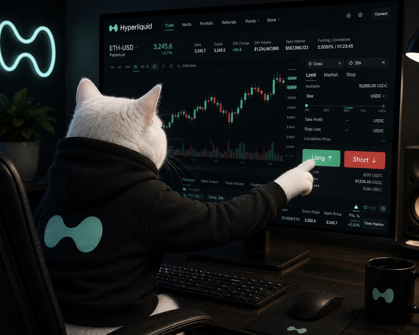 Hypercat trading at a computer